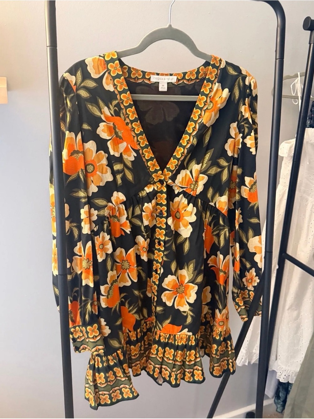 Floral V-Neck Long Sleeve Dress in Black and Orange